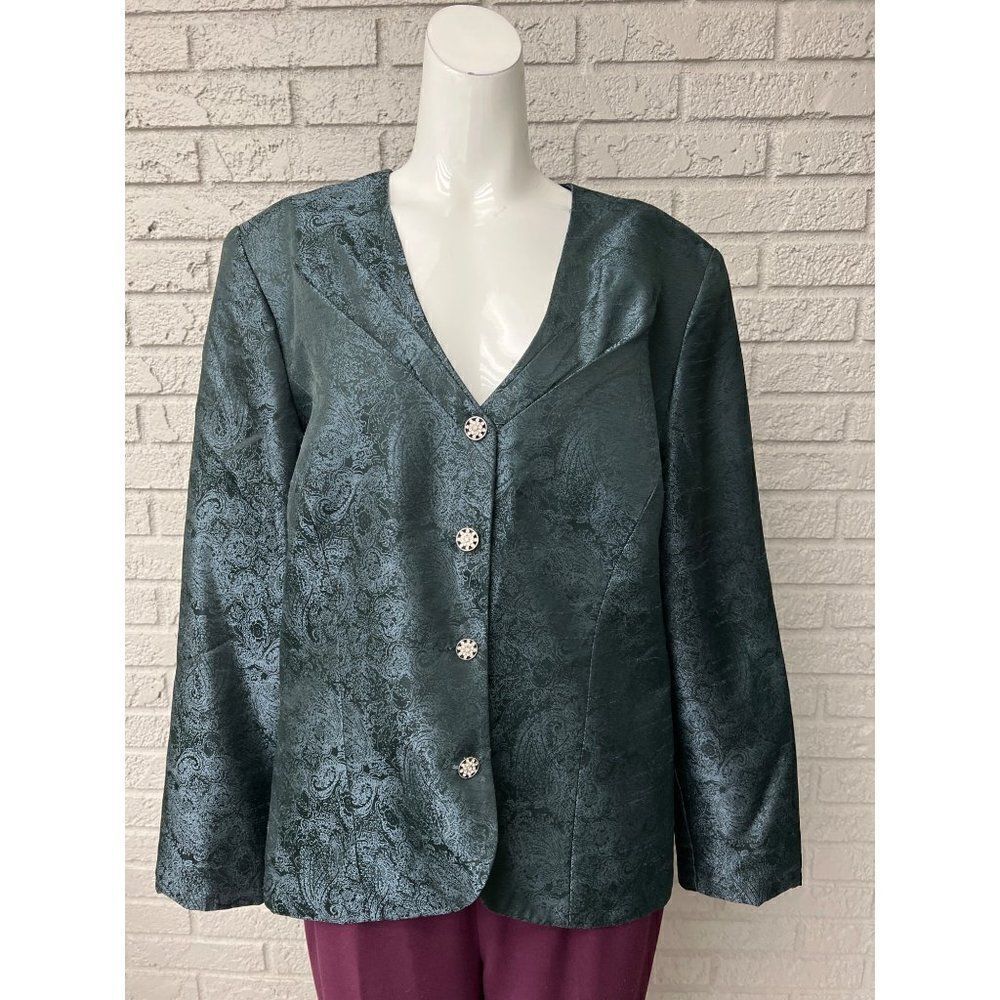 Patra Green Paisley Print With Rhinestone Button Blouse Size 16